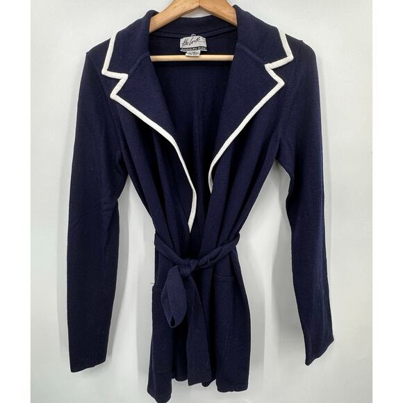 The Look Randolph Duke Belted Sweater Cardigan Jacket Womens XS Navy Blue White - Picture 1 of 6